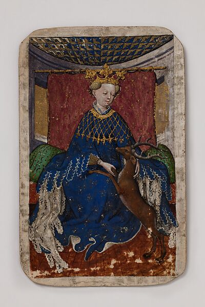 Queen of Stags, from The Stuttgart Playing Cards, Paper (six layers in pasteboard) with gold ground and opaque paint over pen and ink, German 
