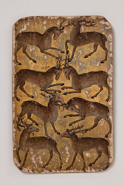 8 of Stags, from The Stuttgart Playing Cards, Paper (six layers in pasteboard) with gold ground and opaque paint over pen and ink, German 