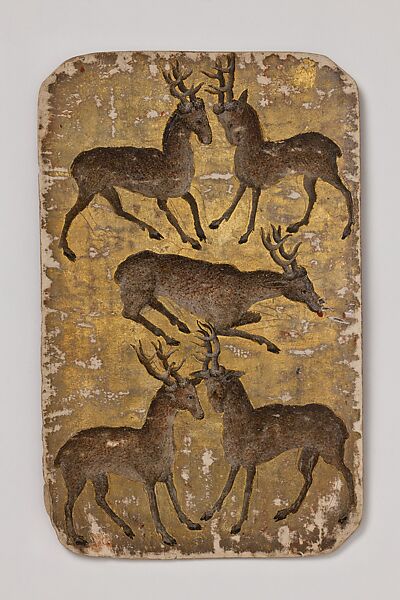 5 of Stags, from The Stuttgart Playing Cards, Paper (six layers in pasteboard) with gold ground and opaque paint over pen and ink, German 