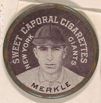 Merkle, New York Giants (black), from the Domino Discs series (PX7), issued by Kinney Brothers, Issued by Kinney Brothers Tobacco Company, Commercial color lithograph with metal trim 