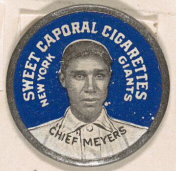 "Chief" Meyers, New York Giants (blue), from the Domino Discs series (PX7), issued by Kinney Brothers, Issued by Kinney Brothers Tobacco Company, Commercial color lithograph with metal trim 