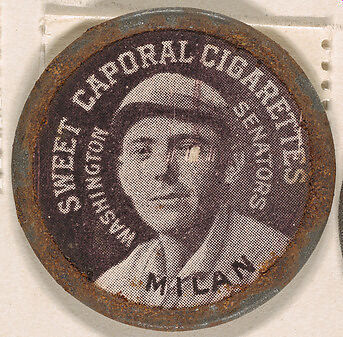 Mican, Washington Senators (black), from the Domino Discs series (PX7), issued by Kinney Brothers, Issued by Kinney Brothers Tobacco Company, Commercial color lithograph with metal trim 