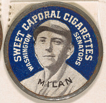 Milan, Washington Senators (blue), from the Domino Discs series (PX7), issued by Kinney Brothers, Issued by Kinney Brothers Tobacco Company, Commercial color lithograph with metal trim 