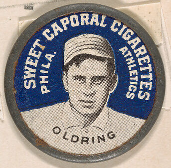 Oldring, Philadelphia Athletics (blue), from the Domino Discs series (PX7), issued by Kinney Brothers, Issued by Kinney Brothers Tobacco Company, Commercial color lithograph with metal trim 