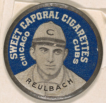 Reulbach, Chicago Cubs (blue), from the Domino Discs series (PX7), issued by Kinney Brothers, Issued by Kinney Brothers Tobacco Company, Commercial color lithograph with metal trim 