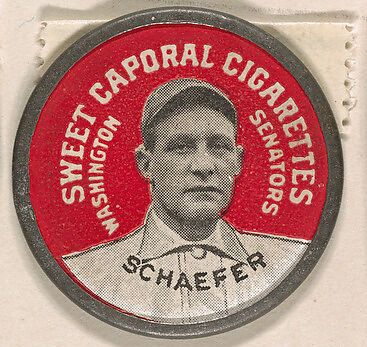 Schaefer, Washington Senators (red), from the Domino Discs series (PX7), issued by Kinney Brothers, Issued by Kinney Brothers Tobacco Company, Commercial color lithograph with metal trim 