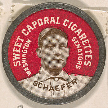 Schaefer, Washington Senators (blue), from the Domino Discs series (PX7), issued by Kinney Brothers, Issued by Kinney Brothers Tobacco Company, Commercial color lithograph with metal trim