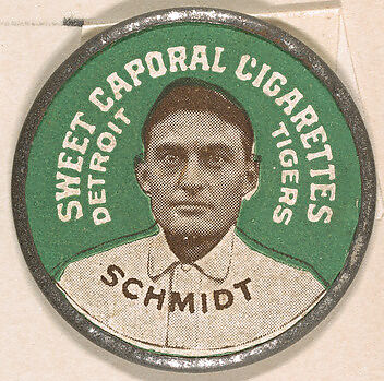 Schmidt, Detroit Tigers (green), from the Domino Discs series (PX7), issued by Kinney Brothers, Issued by Kinney Brothers Tobacco Company, Commercial color lithograph with metal trim 