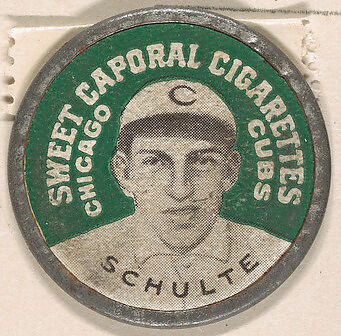 Schulte, Chicago Cubs (green), from the Domino Discs series (PX7), issued by Kinney Brothers, Issued by Kinney Brothers Tobacco Company, Commercial color lithograph with metal trim 
