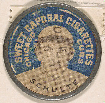 Schulte, Chicago Cubs (blue), from the Domino Discs series (PX7), issued by Kinney Brothers, Issued by Kinney Brothers Tobacco Company, Commercial color lithograph with metal trim 
