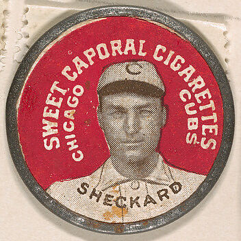 Sheckard, Chicago Cubs (red), from the Domino Discs series (PX7), issued by Kinney Brothers, Issued by Kinney Brothers Tobacco Company, Commercial color lithograph with metal trim 