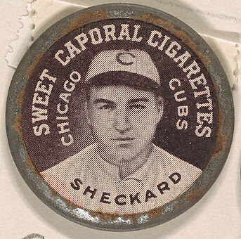Sheckard, Chicago Cubs (black), from the Domino Discs series (PX7), issued by Kinney Brothers, Issued by Kinney Brothers Tobacco Company, Commercial color lithograph with metal trim 