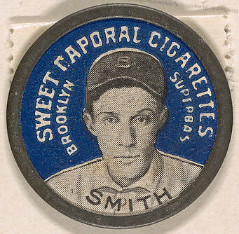 Smith, Brooklyn Superbas (blue), from the Domino Discs series (PX7), issued by Kinney Brothers, Issued by Kinney Brothers Tobacco Company, Commercial color lithograph with metal trim 