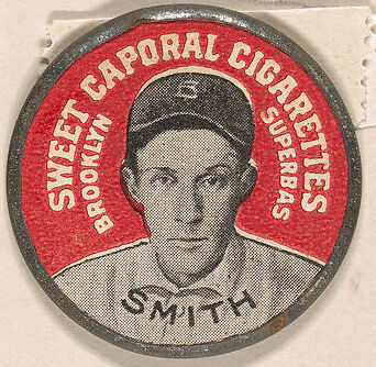 Smith, Brooklyn Superbas (red), from the Domino Discs series (PX7), issued by Kinney Brothers, Issued by Kinney Brothers Tobacco Company, Commercial color lithograph with metal trim 