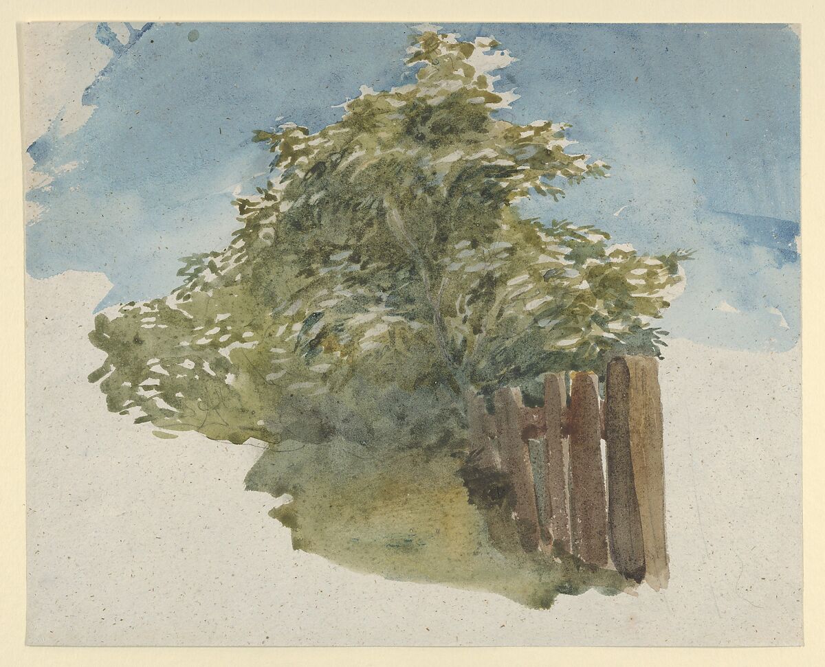 Study of clouds (recto). Study of an elder bush by a fence (verso), David Cox (British, Birmingham 1783–1859 Harborne, near Birmingham), Watercolor (recto); watercolor and graphite (verso)