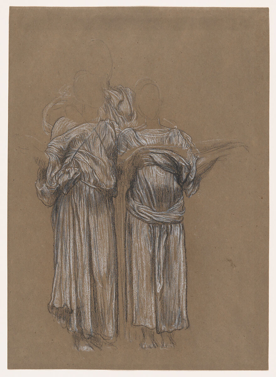 Study of three standing draped female figures, for "Music", Frederic, Lord Leighton (British, Scarborough 1830–1896 London), Black and white chalk on brown paper 
