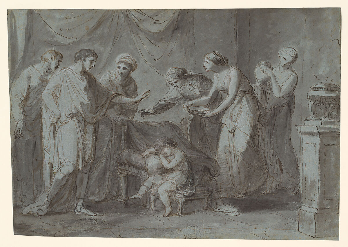 Servius Tullius When a Child, Asleep in the Apartment of King Tarquinius Priscus, Angelica Kauffmann (Swiss, Chur 1741–1807 Rome), Pen and brown ink, brush and gray ink, heightened with white chalk, on blue paper 