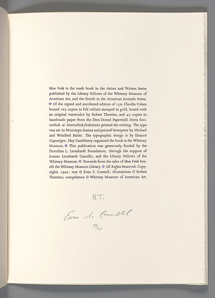 Mesa Verde, Evan S. Connell (American, 1924–2013), Artist's book