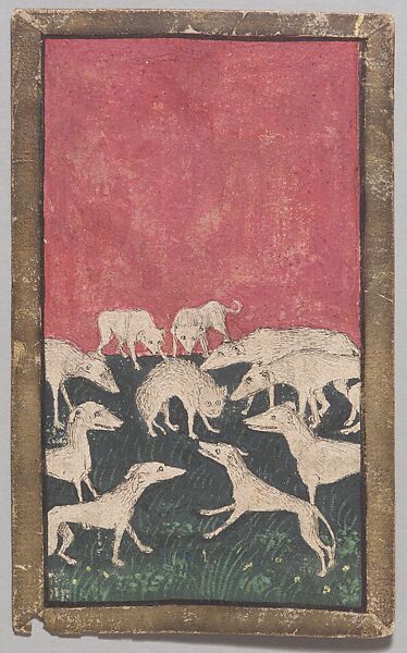 9 of Hounds, from The Courtly Hunt Cards, Workshop of Konrad Witz (German, Rottweil 1400/10–1444/46 Basel or Geneva), Paper (pasteboard) with watercolor, opaque paint, and gold over pen and ink, German 