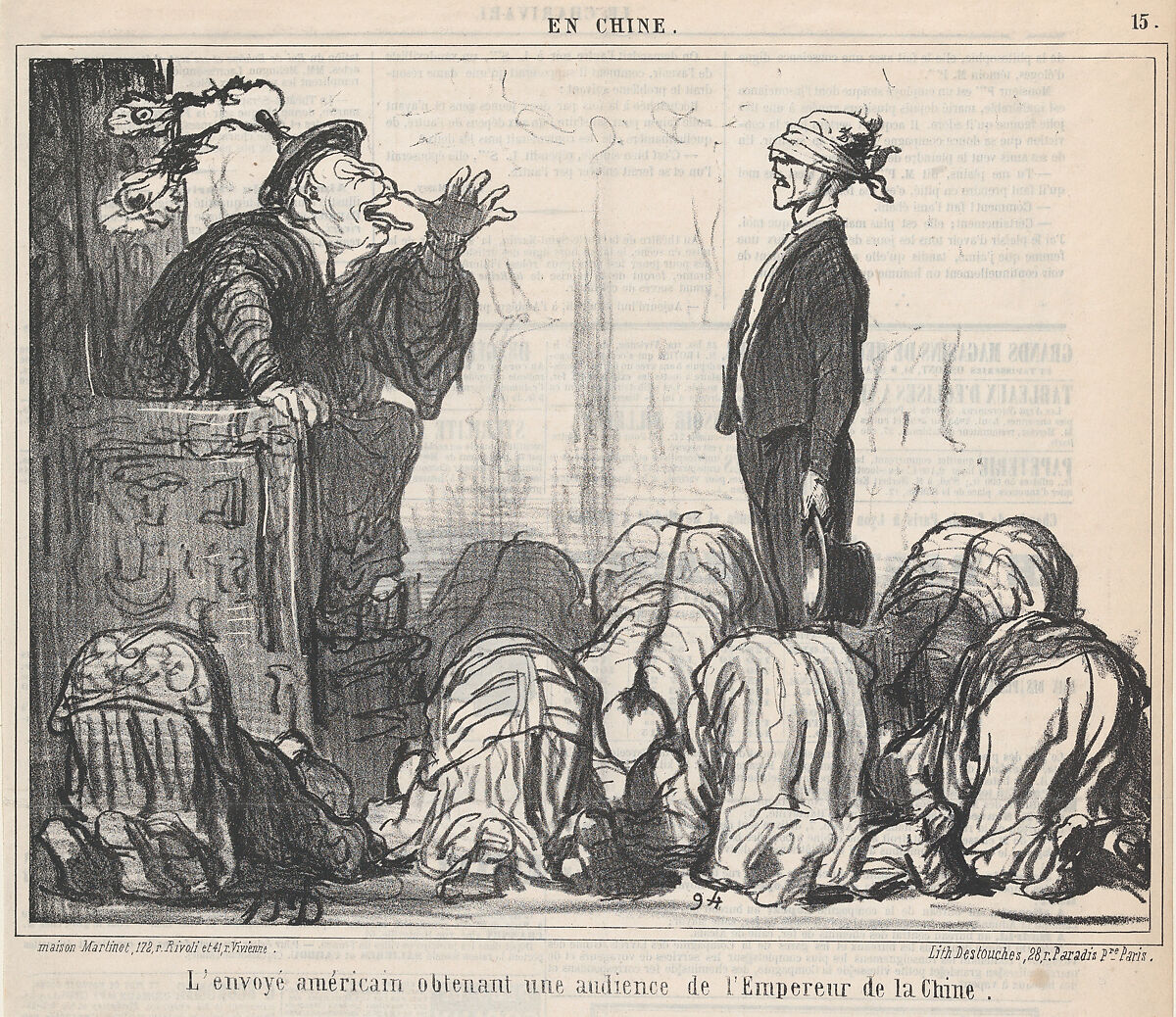 L'envoyé américain obtenant une audience de l'Empereur de la Chine...., from En Chine, published in Le Charivari, October 21, 1859, Honoré Daumier (French, Marseilles 1808–1879 Valmondois), Lithograph on newsprint 