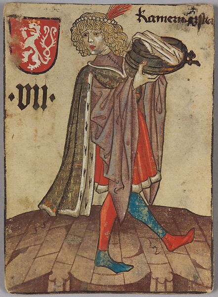 7 (Chamberlain) of Bohemia, from The Courtly Household Cards, Woodcut on paper (pasteboard) with watercolor, opaque paint, pen and ink, and tooled gold and silver, German 