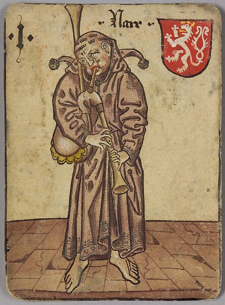 1 (Fool) of Bohemia, from The Courtly Household Cards, Woodcut on paper (pasteboard) with watercolor, opaque paint, pen and ink, and tooled gold and silver, German 