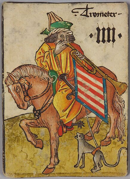 4 (Trumpeter) of Hungary, from The Courtly Household Cards, Woodcut on paper (pasteboard) with watercolor, opaque paint, pen and ink, and tooled gold and silver, German 