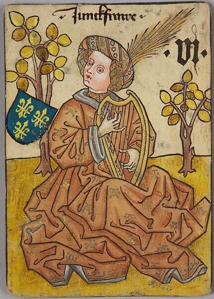 6 (Lady-in-Waiting) of France, from The Courtly Household Cards, Woodcut on paper (pasteboard) with watercolor, opaque paint, pen and ink, and tooled gold and silver, German 