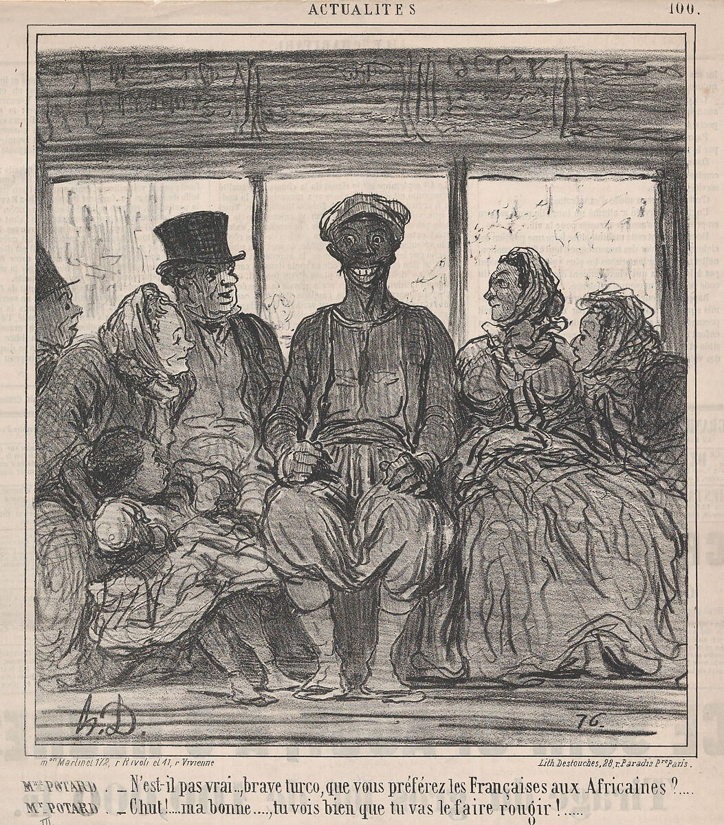 N'est-il pas vrai, brave turco, que vous préférez les Françaises aux Africaines?..., from Les Actualités, published in Le Charivari, August 31, 1859, Honoré Daumier (French, Marseilles 1808–1879 Valmondois), Lithograph on newsprint; third state of five (Delteil) 