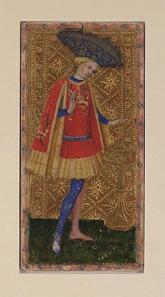 Knave of Cups, from The Visconti Tarot, Bonifacio Bembo  Italian, Paper (pasteboard) with opaque paint on tooled gold ground, Italian