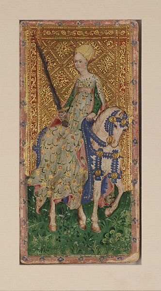 Knight (female) of Swords, from The Visconti Tarot, Workshop of Bonifacio Bembo (Italian, Cremonese, active ca. 1442–died before 1482), Paper (pasteboard) with opaque paint on tooled gold ground, Italian 