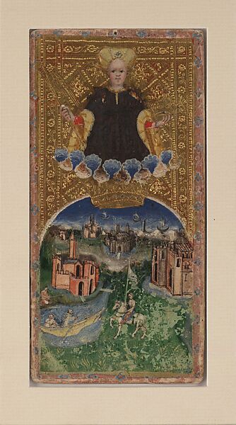 World, from The Visconti Tarot, Workshop of Bonifacio Bembo (Italian, Cremonese, active ca. 1442–died before 1482), Paper (pasteboard) with opaque paint on tooled gold ground, Italian 