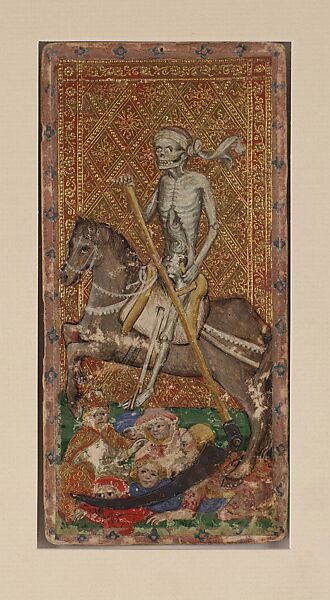 Death, from The Visconti Tarot, Workshop of Bonifacio Bembo (Italian, Cremonese, active ca. 1442–died before 1482), Paper (pasteboard) with opaque paint on tooled gold ground, Italian 