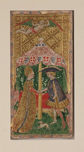 Love, from The Visconti Tarot, Workshop of Bonifacio Bembo (Italian, Cremonese, active ca. 1442–died before 1482), Paper (pasteboard) with opaque paint on tooled gold ground, Italian 