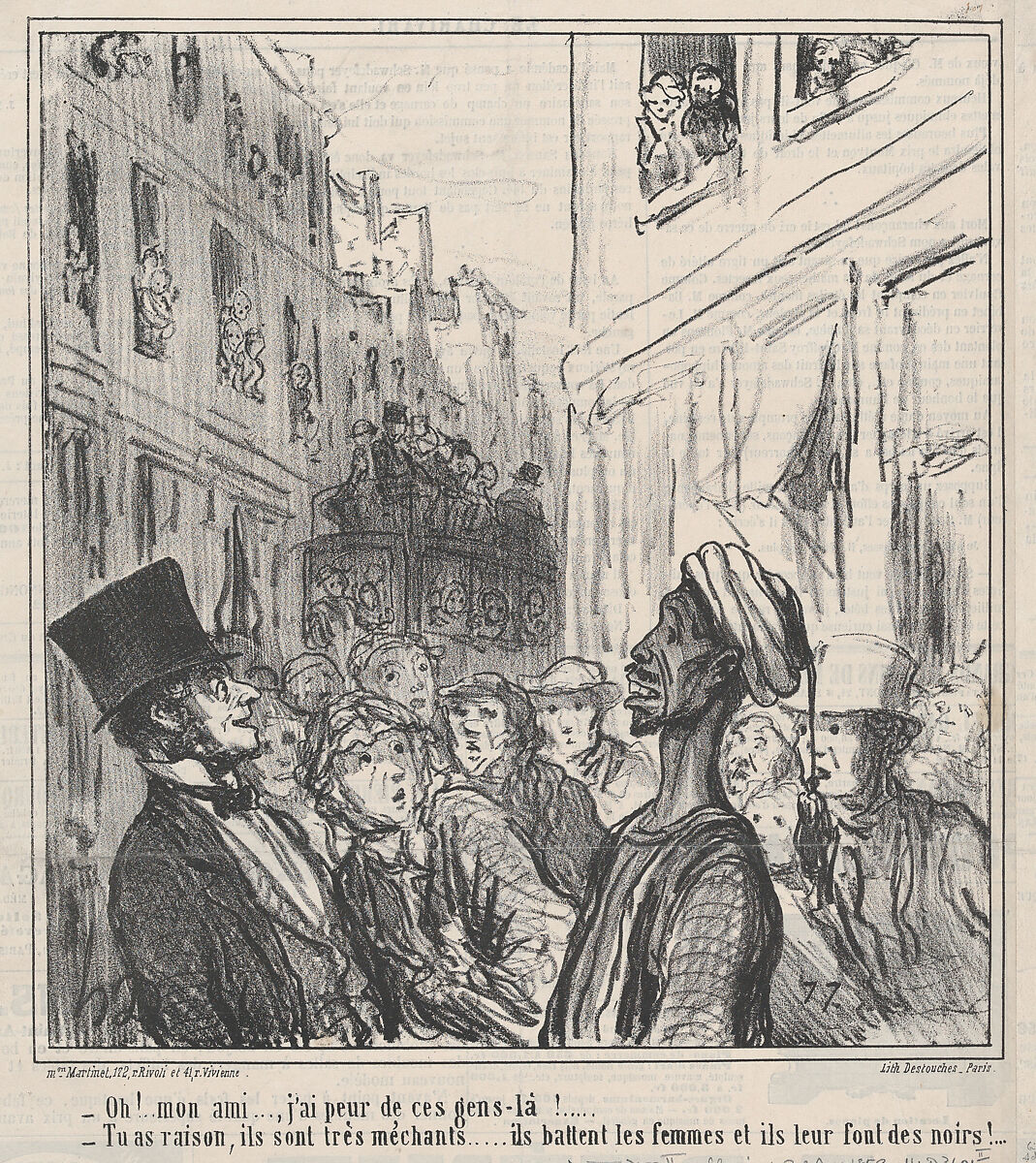 Oh! Mon ami...., j'ai peur de ces gens-là..., from Au Camp de Saint-Maur, published in Le Charivari, August 30, 1859, Honoré Daumier (French, Marseilles 1808–1879 Valmondois), Lithograph on newsprint; second state of five (Delteil; Hazard & Delteil) 