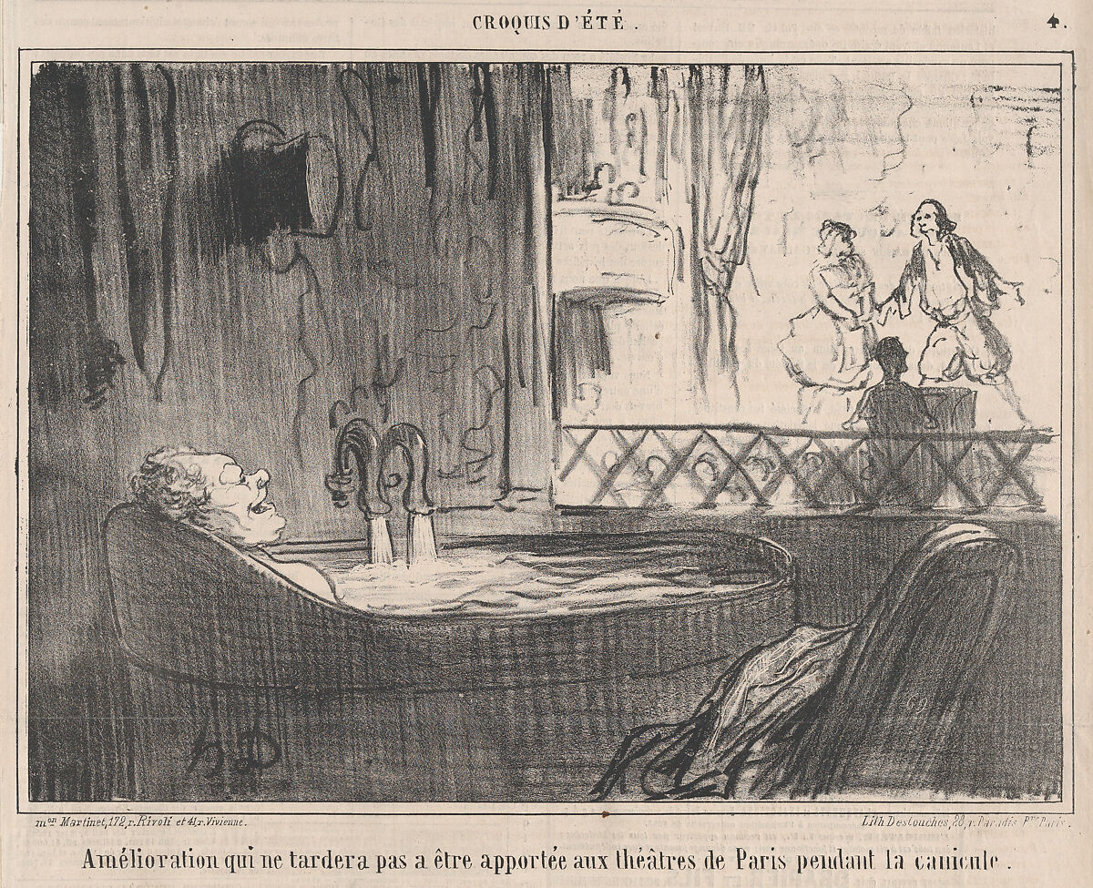 Amélioration qui ne tardera pas a être apportée aux théâtres de Paris pendant la canicule., from Croquis d'Été, published in Le Charivari, August 16-17, 1859, Honoré Daumier (French, Marseilles 1808–1879 Valmondois), Lithograph on newsprint; second state of two (Delteil; Hazard & Delteil) 