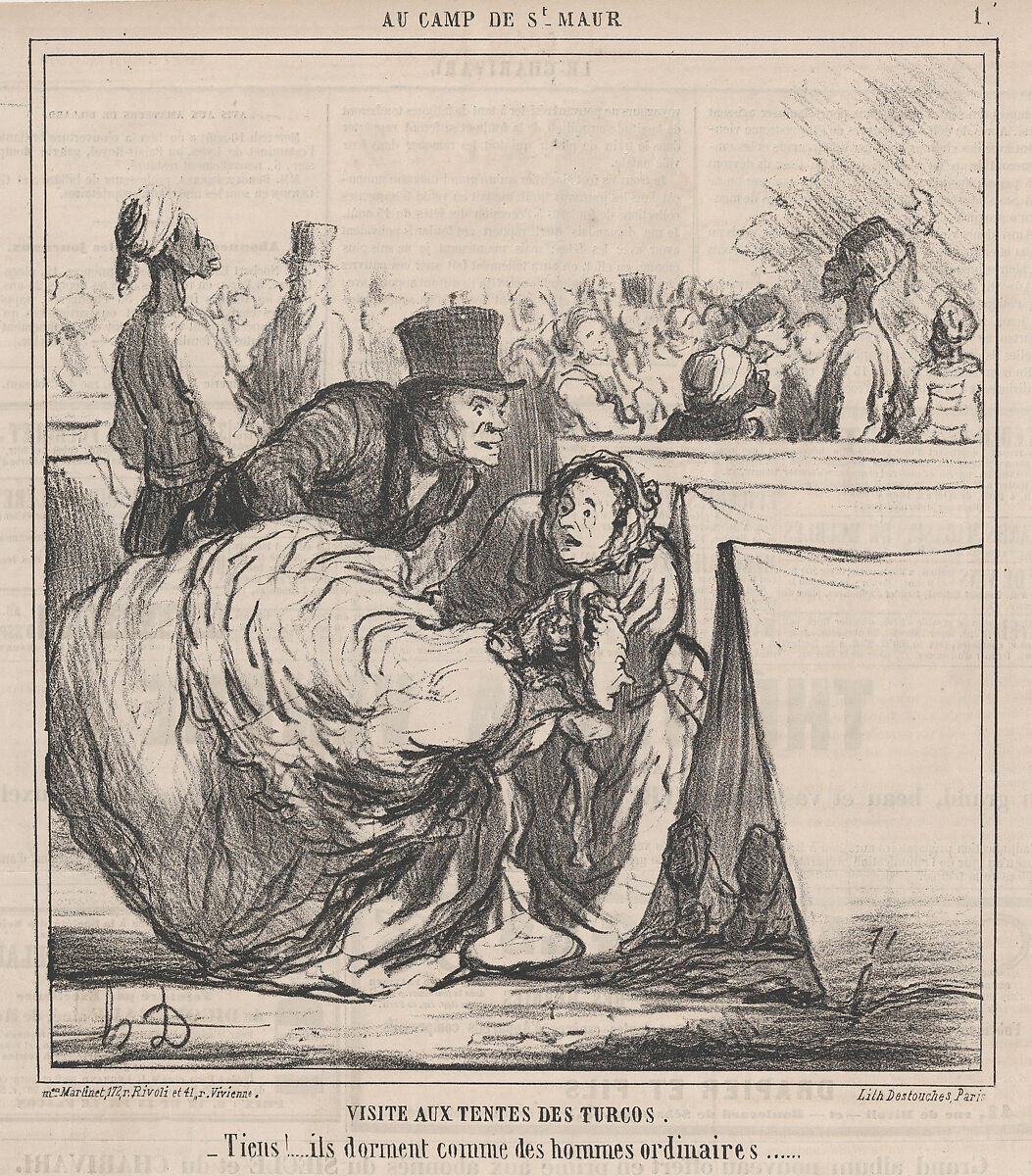 Visite aux Tentes des Turcos...., from Au Camp de Saint-Maur, published in Le Charivari, August 13, 1859, Honoré Daumier (French, Marseilles 1808–1879 Valmondois), Lithograph on newsprint; second state of four (Delteil; Hazard & Delteil) 