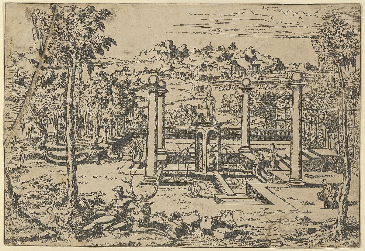 Landscape with Diana Resting, Léon Davent (French, active 1540–56), Etching 
