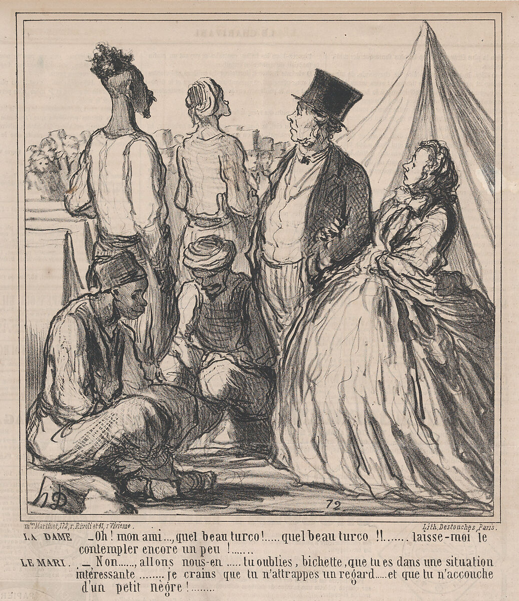 Oh! mon ami..., quel beau turco!.... quel beau turco!!...., from Au Camp de Saint-Maur, published in Le Charivari, August 15, 1859, Honoré Daumier (French, Marseilles 1808–1879 Valmondois), Lithograph on newsprint; second state of four (Delteil) 