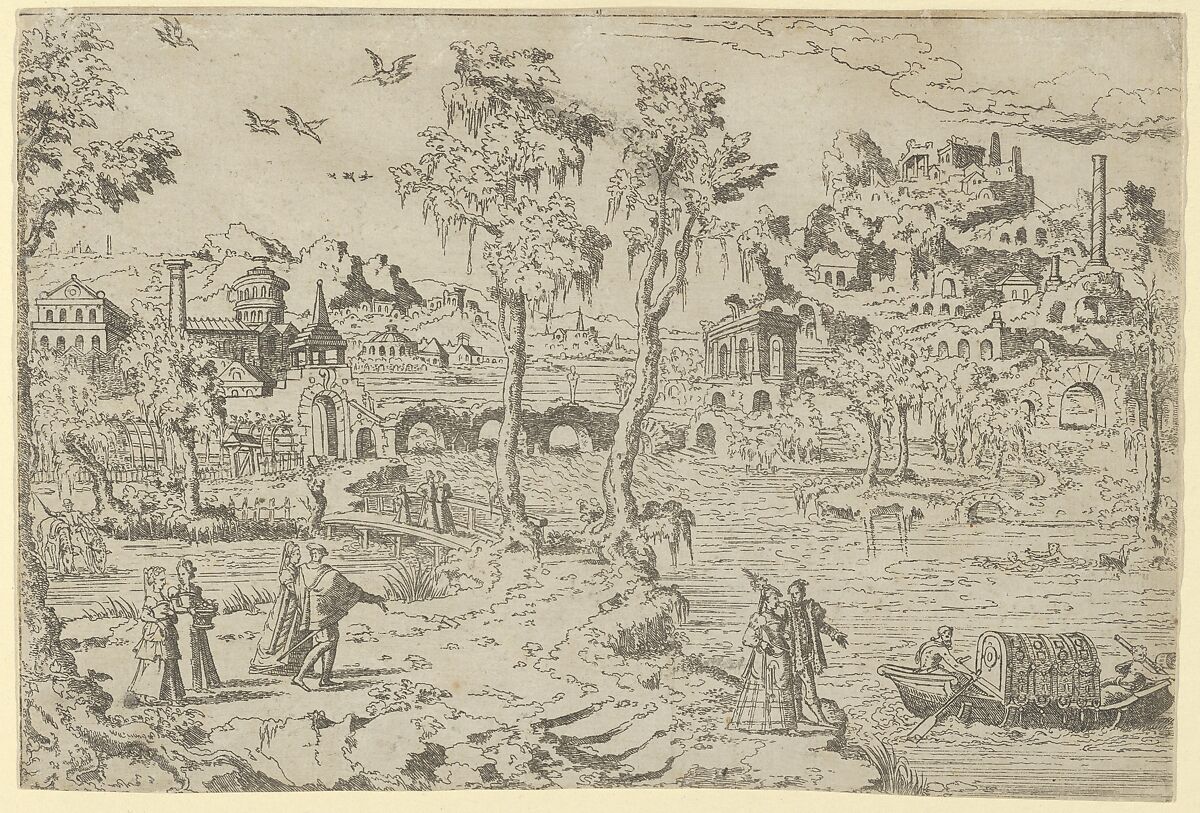 Landscape with ruins, courtiers, and a gondola, Léon Davent (French, active 1540–56), Etching 