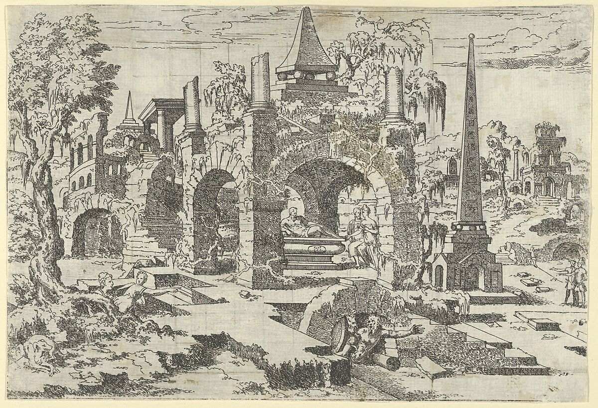 Landscape with Arched Tomb and an Obelisk, Léon Davent (French, active 1540–56), Etching 