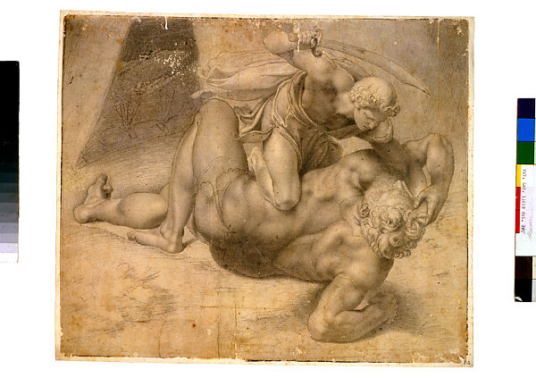 David and Goliath, Daniele da Volterra (Daniele Ricciarelli) (Italian, Volterra 1509–1566 Rome), Black chalk, contours pricked for transfer 