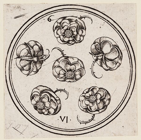 6 of Roses, from The Round Playing Cards of Master PW of Cologne, Master PW of Cologne (German, active Cologne, ca. 1490–1515), Copperplate engraving on paper, German 