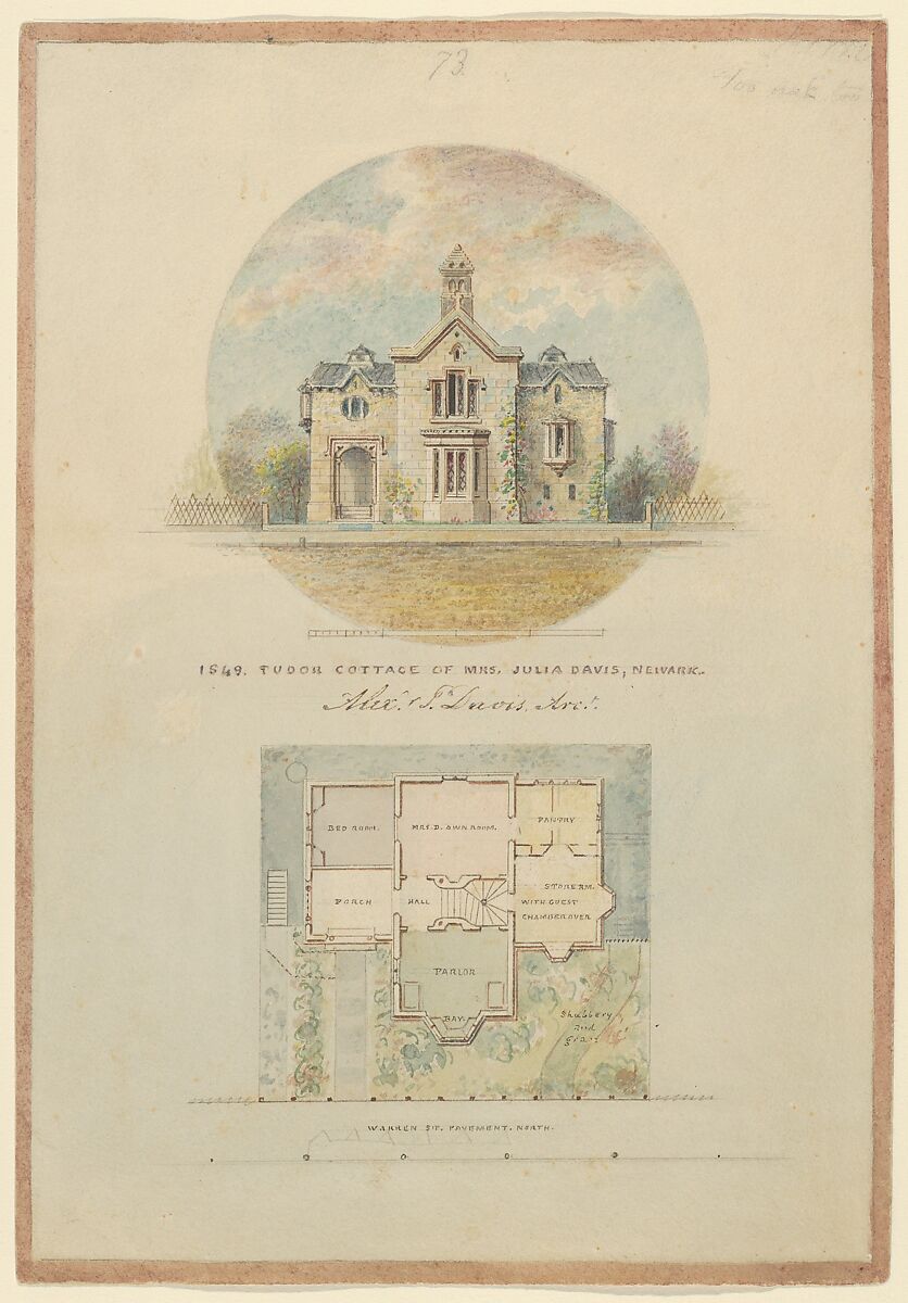 Kirri Cottage for Julia Jackson Davis, Alexander Jackson Davis (American, New York 1803–1892 West Orange, New Jersey), Pen and ink, watercolor, graphite 