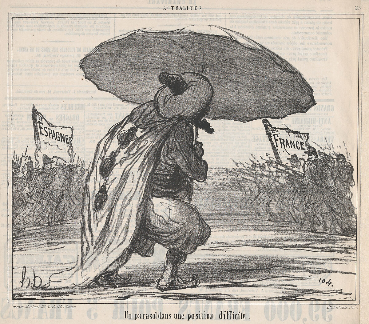 Un parasol dans une position difficule., from Actualités, published in Le Charivari, November 25, 1859, Honoré Daumier (French, Marseilles 1808–1879 Valmondois), Lithograph on newsprint; second state of three (Delteil) 