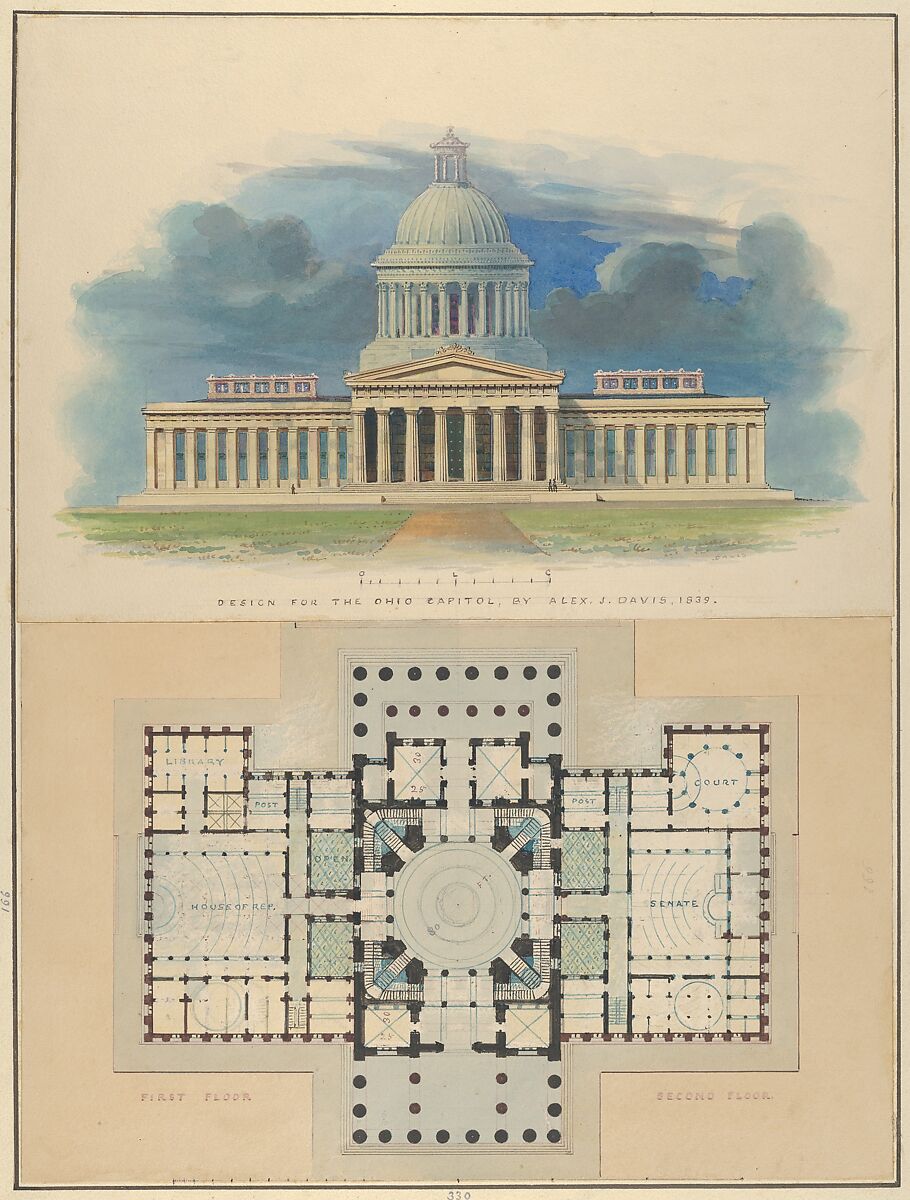 Design for the Capitol of Ohio, Columbus, Alexander Jackson Davis (American, New York 1803–1892 West Orange, New Jersey), Watercolor, ink and graphite 