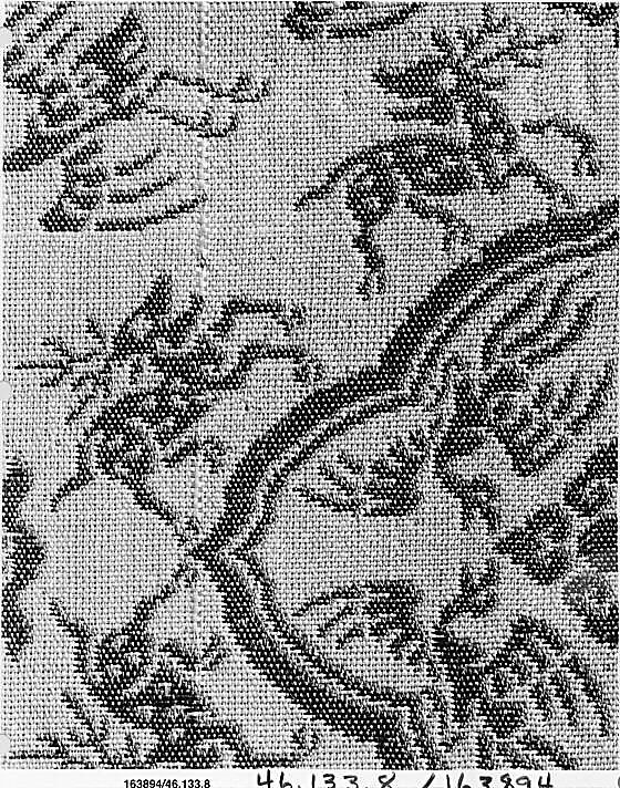 Textile fragment with peaches, plums, birds, bats and deer, Silk twill double cloth, China