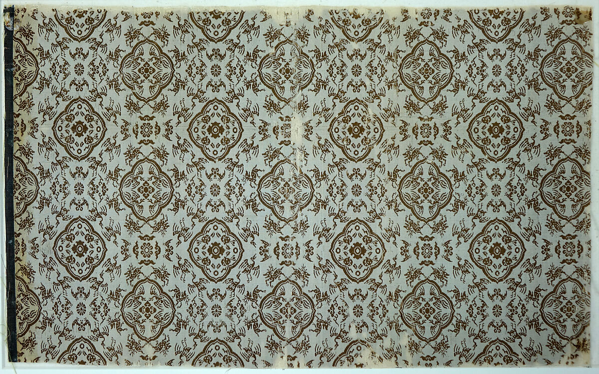 Textile fragment with peaches, plums, birds, bats and deer, Silk twill double cloth, China