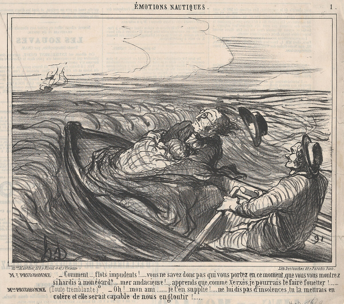 Comment..., flots impudents!... vous ne savez donc pas qui vous portez en ce moment,...., from Émotions Nautiques, published in Le Charivari, October 26, 1859, Honoré Daumier (French, Marseilles 1808–1879 Valmondois), Lithograph on newsprint; second state of four (Delteil; Hazard & Delteil) 