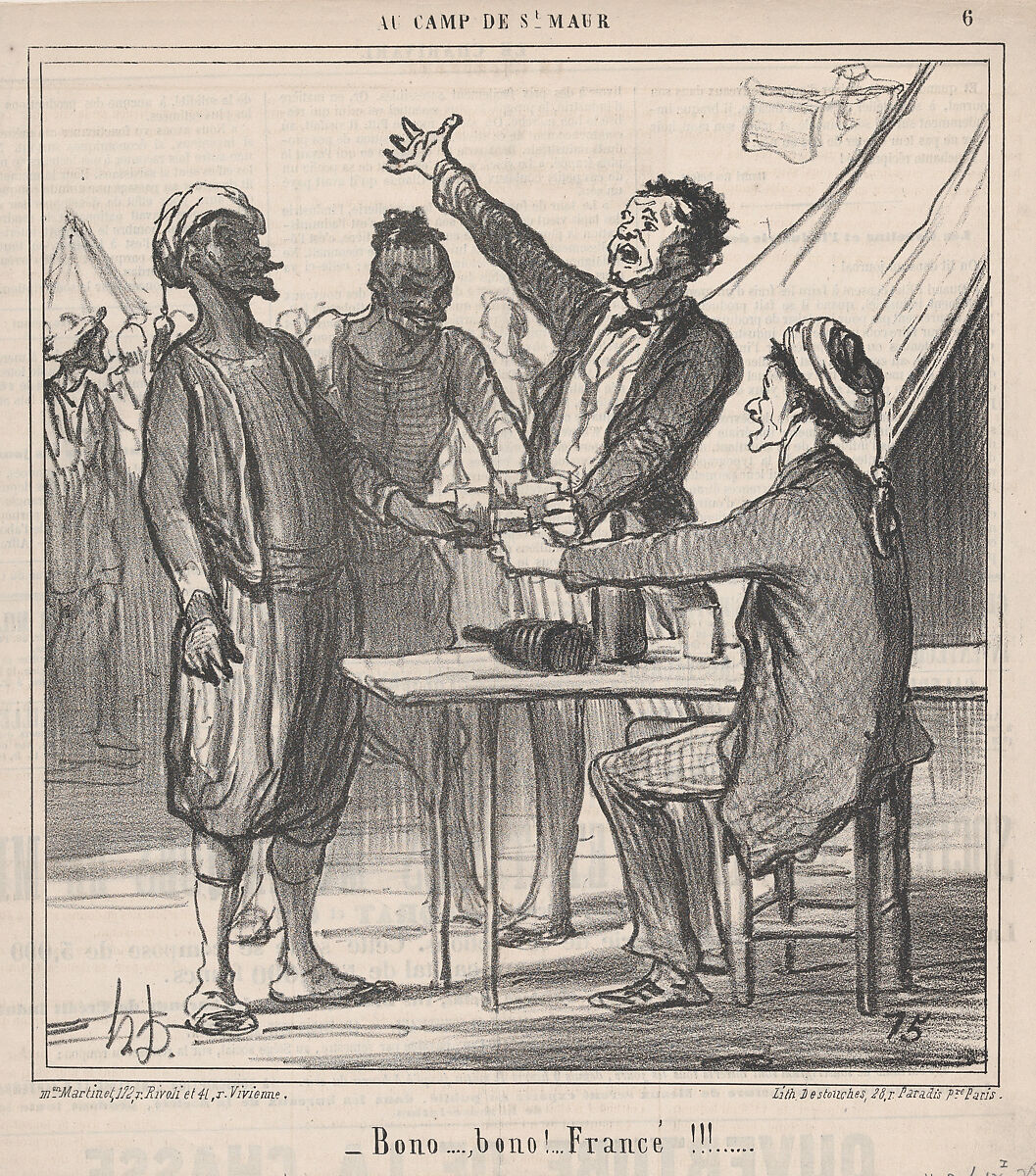 Bono...., bono!....Francé!!!...., from Au Camp de Saint-Maur, published in Le Charivari, August 29, 1859, Honoré Daumier (French, Marseilles 1808–1879 Valmondois), Lithograph on newsprint; second state of four (Delteil) 